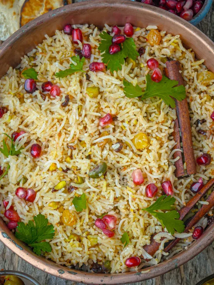 A large platter of jewelled Persian rice pilaf